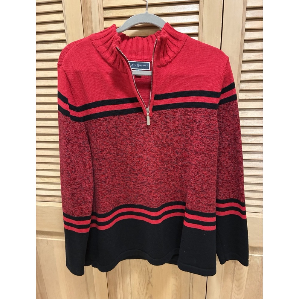 Karen Scott Red Black Striped Knit 1/4 Zip Mock Neck Pullover Sweater Women's L